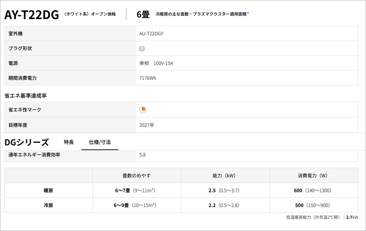 シャープのエアコンDGシリーズスタンダードモデル6畳用のスペック