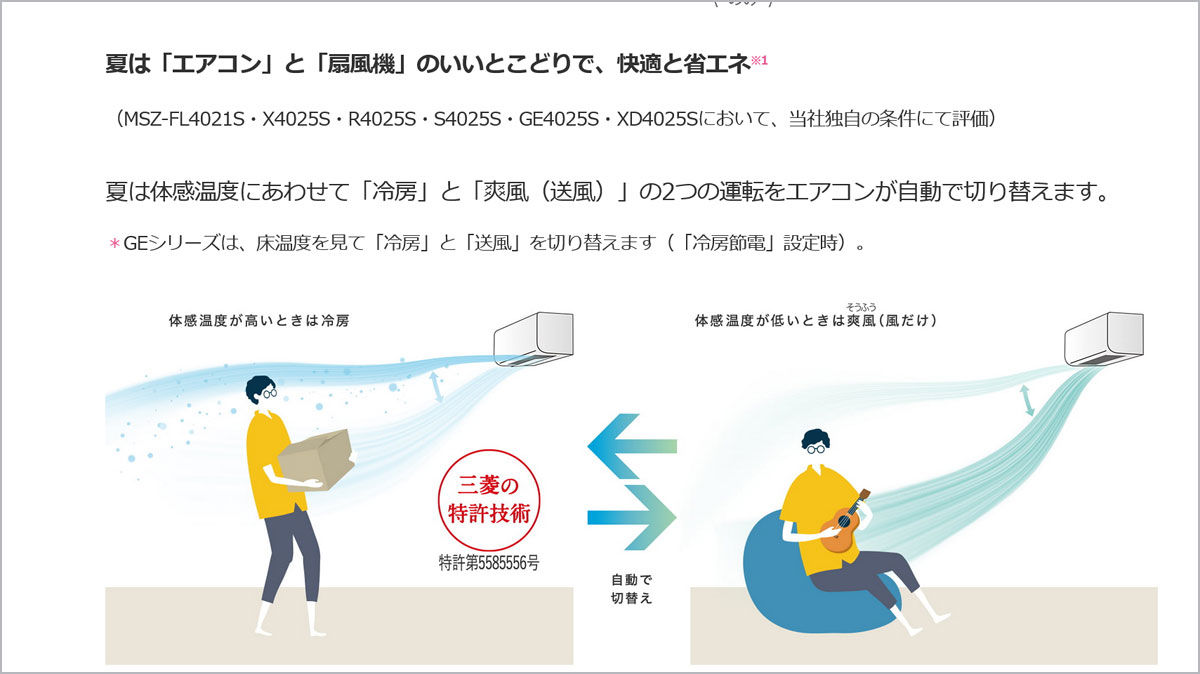 コンパクト設計の三菱ルームエアコンXDシリーズのハイブリッド運転は冷暖房運転と送風を組み合わせて省エネ運転できる