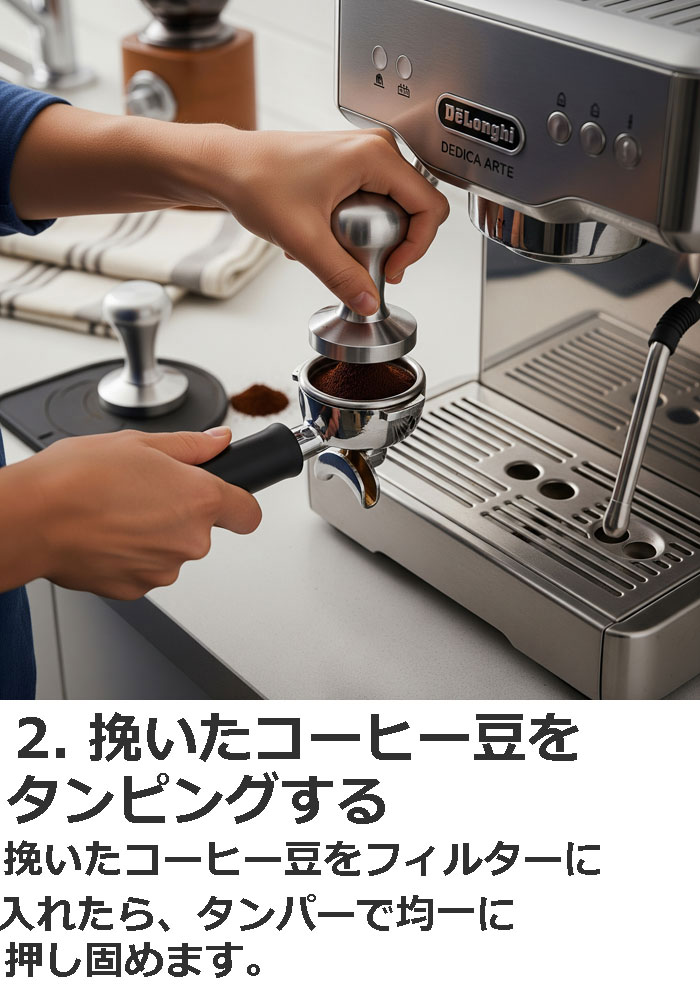 2. 挽いたコーヒー豆をタンピングする。挽いたコーヒー豆をフィルターに入れたら、タンパーで均一に押し固めます。