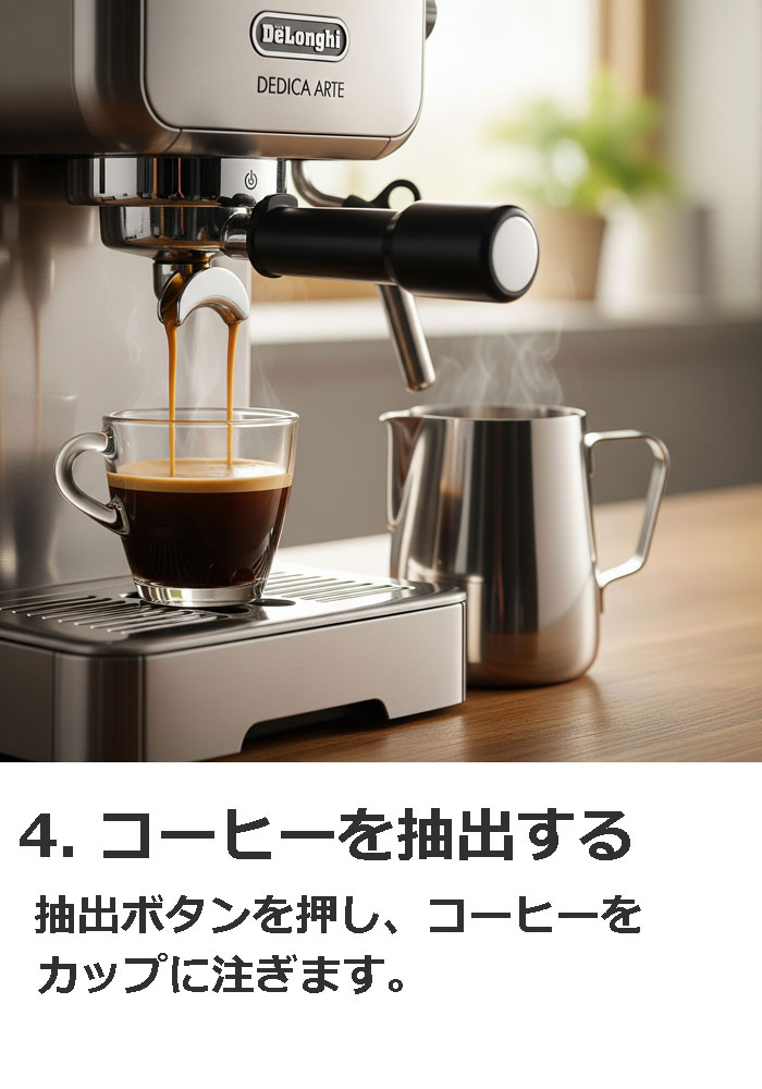 4. コーヒーを抽出する。抽出ボタンを押し、コーヒーをカップに注ぎます。