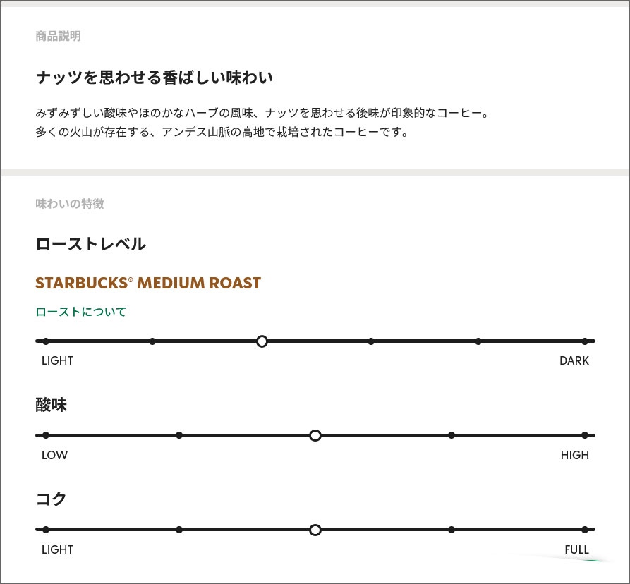 スターバックスのコーヒー豆「コロンビア」のローストレベルとボディ表